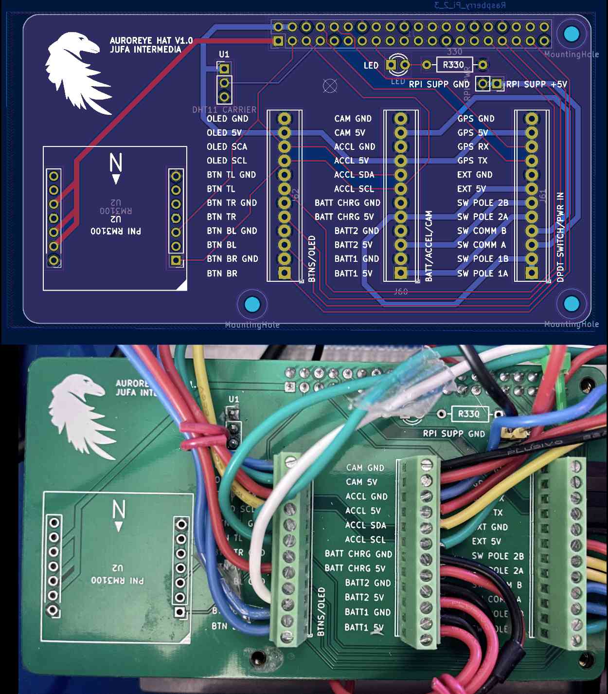 Printed circuit board for simplicity: custom Raspberry Pi Hat using the free KiCAD design software and manufactured by JLCPCB